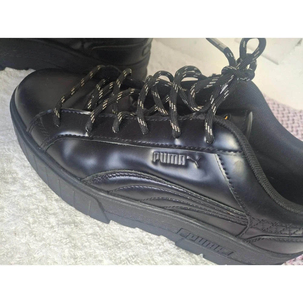 Puma Mayze Classic Triple Black Leather Platform Sneakers 388013-01 Womens 9.5